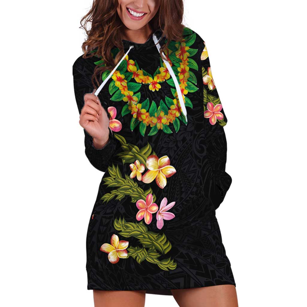 Hawaiian Lei Plumeria and Tropical Leaves Hoodie Dress Watercolor Style