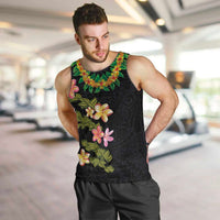 Hawaiian Lei Plumeria and Tropical Leaves Men Tank Top Watercolor Style LT03 Black - Polynesian Pride
