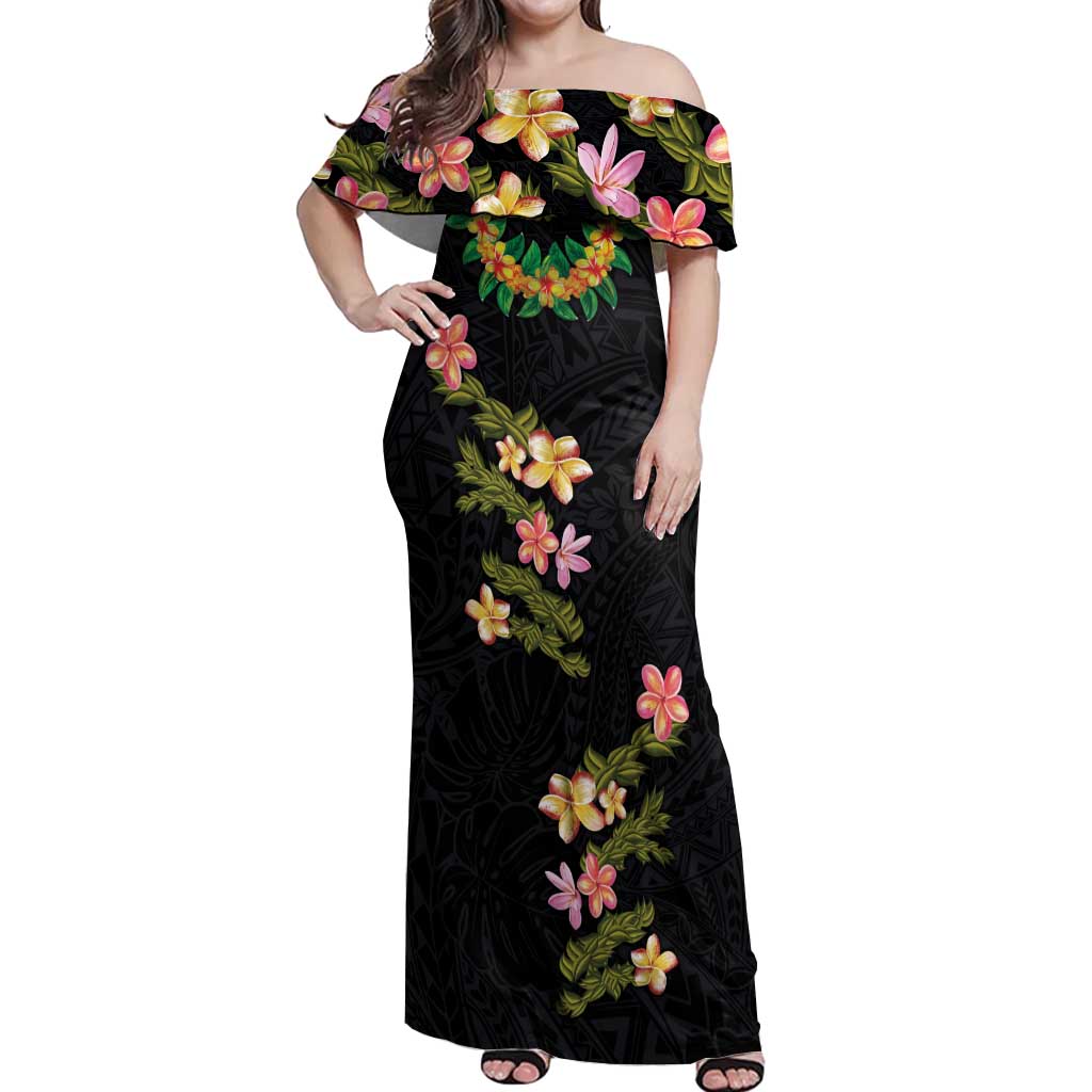 Hawaiian Lei Plumeria and Tropical Leaves Off Shoulder Maxi Dress Watercolor Style