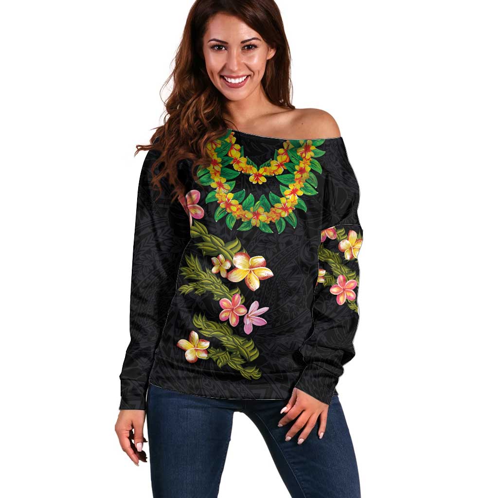 Hawaiian Lei Plumeria and Tropical Leaves Off Shoulder Sweater Watercolor Style