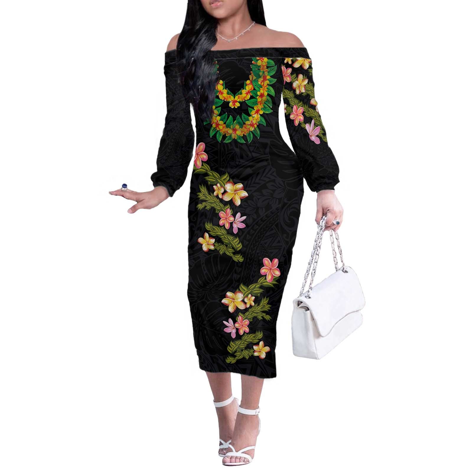 Hawaiian Lei Plumeria and Tropical Leaves Off The Shoulder Long Sleeve Dress Watercolor Style