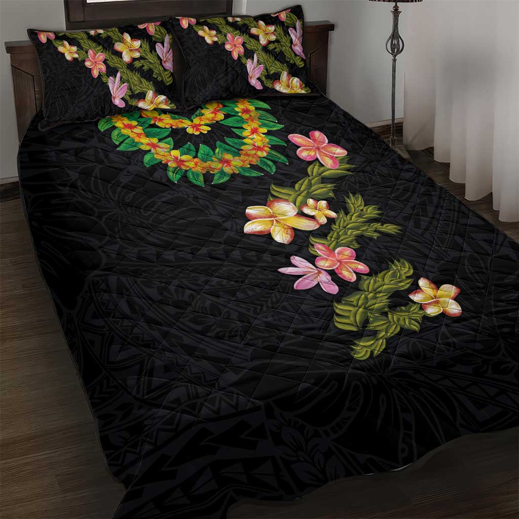 Hawaiian Lei Plumeria and Tropical Leaves Quilt Bed Set Watercolor Style