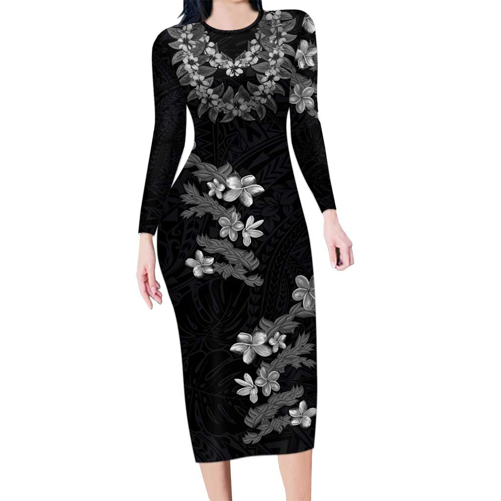 Hawaiian Lei Plumeria and Tropical Leaves Long Sleeve Bodycon Dress Watercolor Style-Grayscale LT03 Long Dress Black - Polynesian Pride