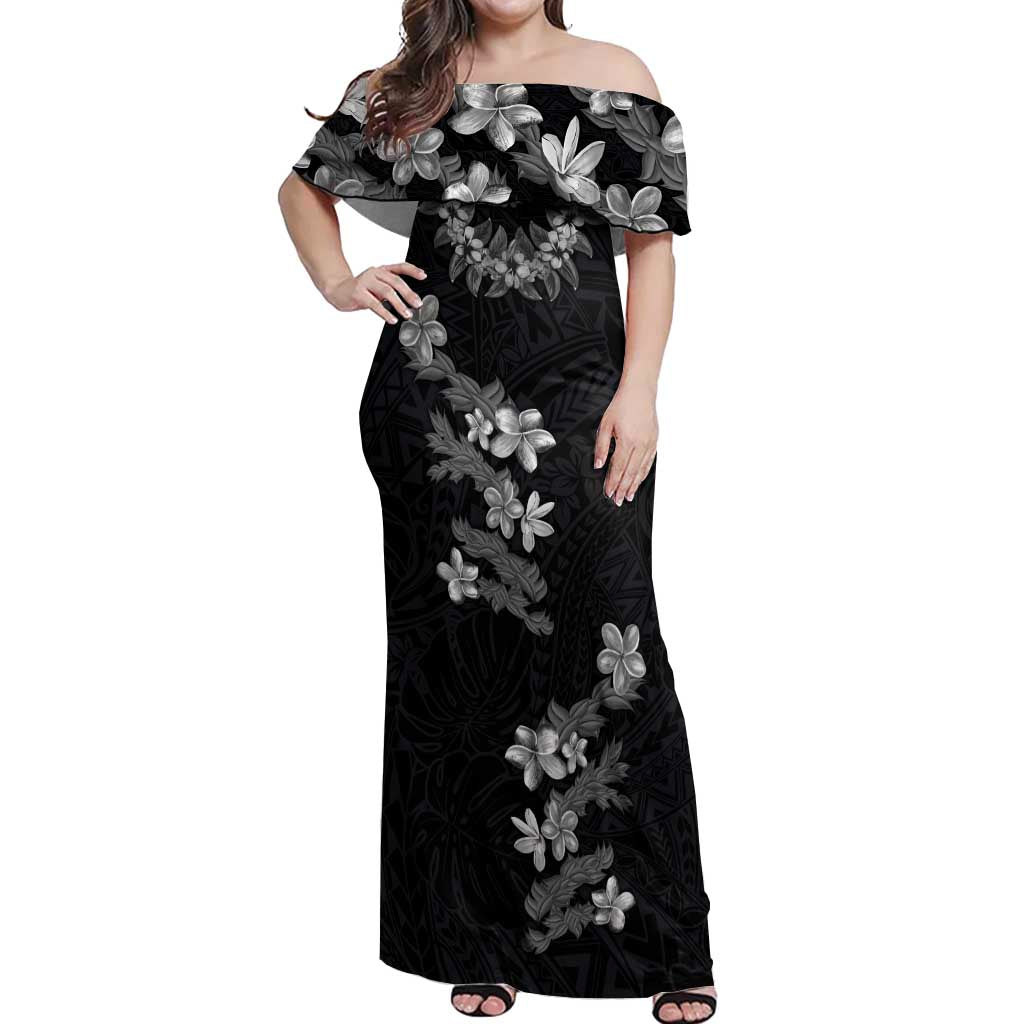 Hawaiian Lei Plumeria and Tropical Leaves Off Shoulder Maxi Dress Watercolor Style-Grayscale