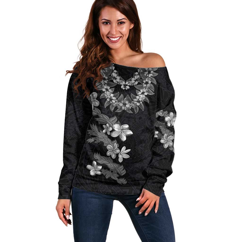 Hawaiian Lei Plumeria and Tropical Leaves Off Shoulder Sweater Watercolor Style-Grayscale