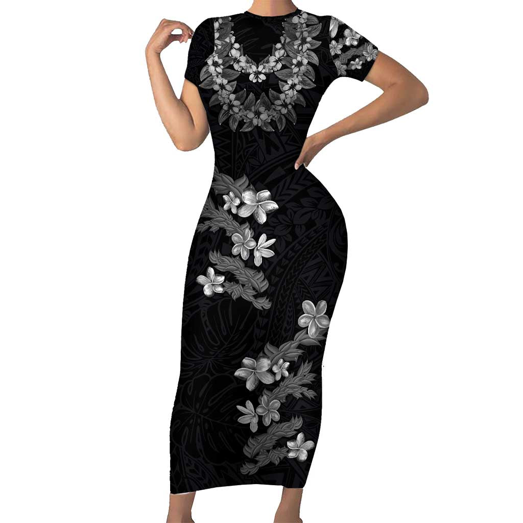 Hawaiian Lei Plumeria and Tropical Leaves Short Sleeve Bodycon Dress Watercolor Style-Grayscale