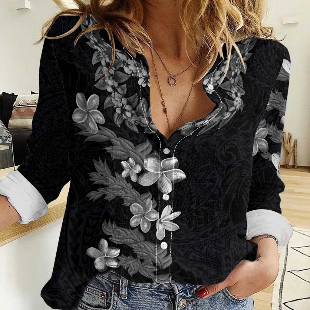 Hawaiian Lei Plumeria and Tropical Leaves Women Casual Shirt Watercolor Style-Grayscale