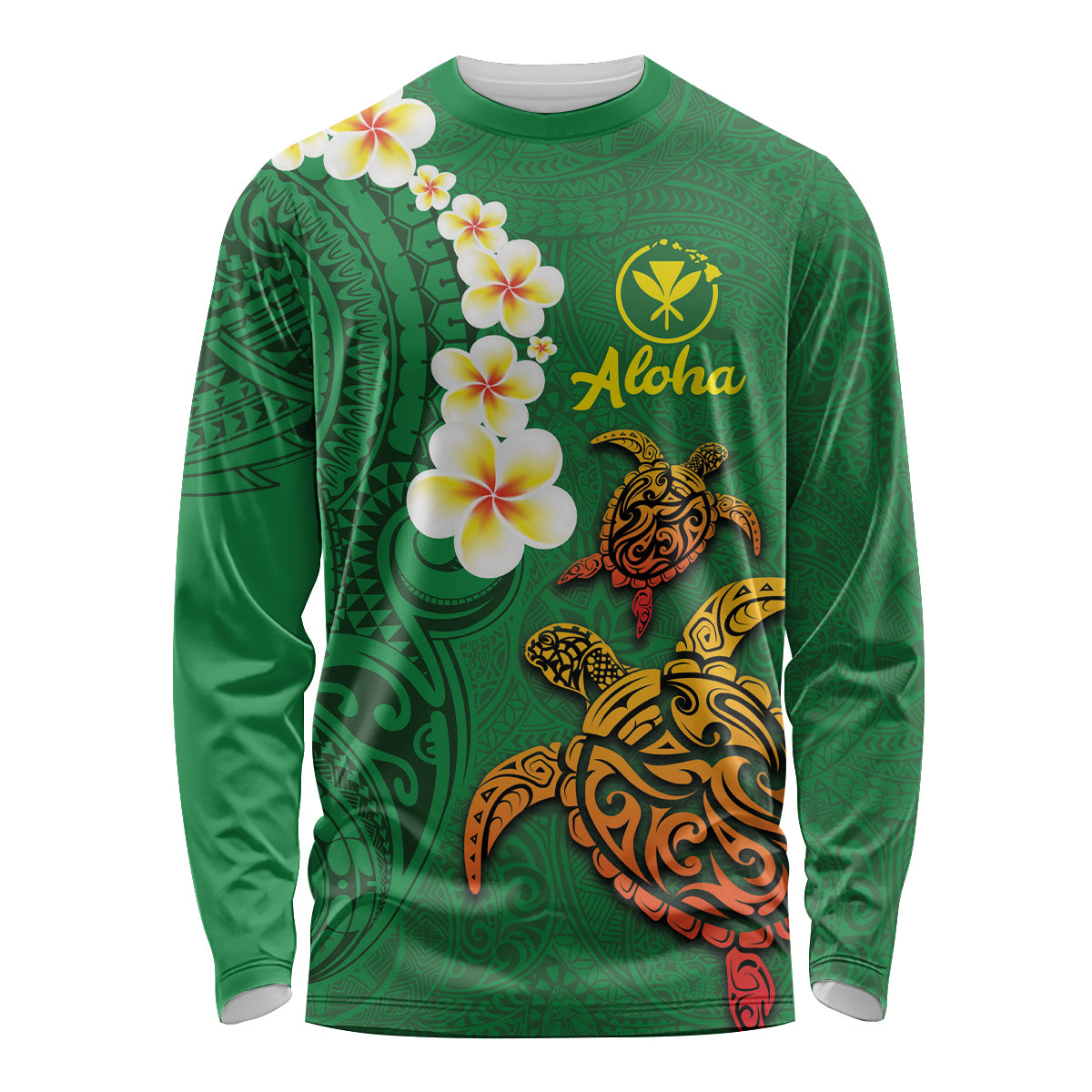 Hawaii Turtle Plumeria Flower Long Sleeve Shirt Polynesian Pattern Green Color LT03 Unisex Green - Polynesian Pride