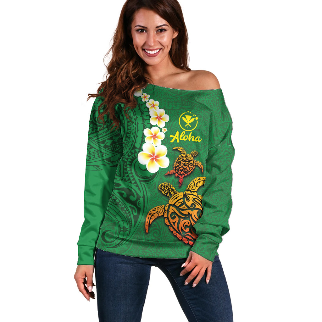 Hawaii Turtle Plumeria Flower Off Shoulder Sweater Polynesian Pattern Green Color LT03 Women Green - Polynesian Pride