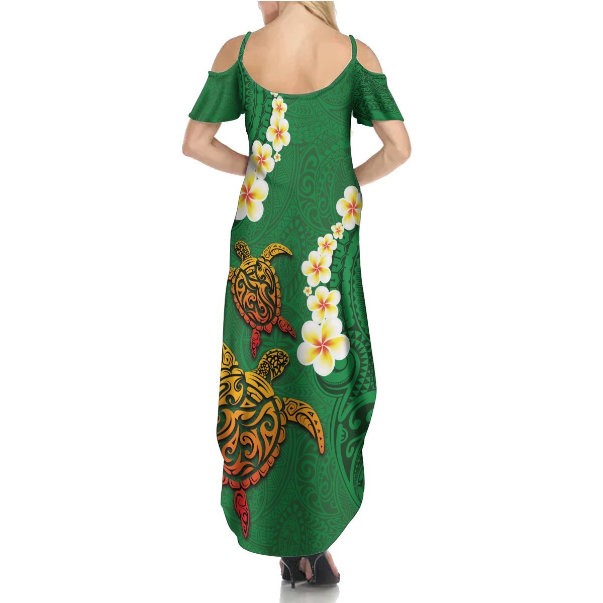 Hawaii Turtle Plumeria Flower Summer Maxi Dress Polynesian Pattern Green Color LT03 - Polynesian Pride