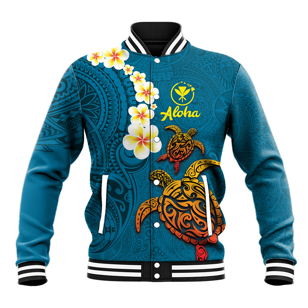 Hawaii Turtle Plumeria Flower Baseball Jacket Polynesian Pattern Blue Color LT03 Unisex Blue - Polynesian Pride