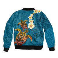 Hawaii Turtle Plumeria Flower Bomber Jacket Polynesian Pattern Blue Color LT03 - Polynesian Pride