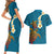 Hawaii Turtle Plumeria Flower Couples Matching Short Sleeve Bodycon Dress and Hawaiian Shirt Polynesian Pattern Blue Color