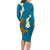 Hawaii Turtle Plumeria Flower Family Matching Long Sleeve Bodycon Dress and Hawaiian Shirt Polynesian Pattern Blue Color