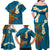 Hawaii Turtle Plumeria Flower Family Matching Off Shoulder Maxi Dress and Hawaiian Shirt Polynesian Pattern Blue Color