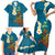 Hawaii Turtle Plumeria Flower Family Matching Short Sleeve Bodycon Dress and Hawaiian Shirt Polynesian Pattern Blue Color