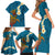 Hawaii Turtle Plumeria Flower Family Matching Short Sleeve Bodycon Dress and Hawaiian Shirt Polynesian Pattern Blue Color