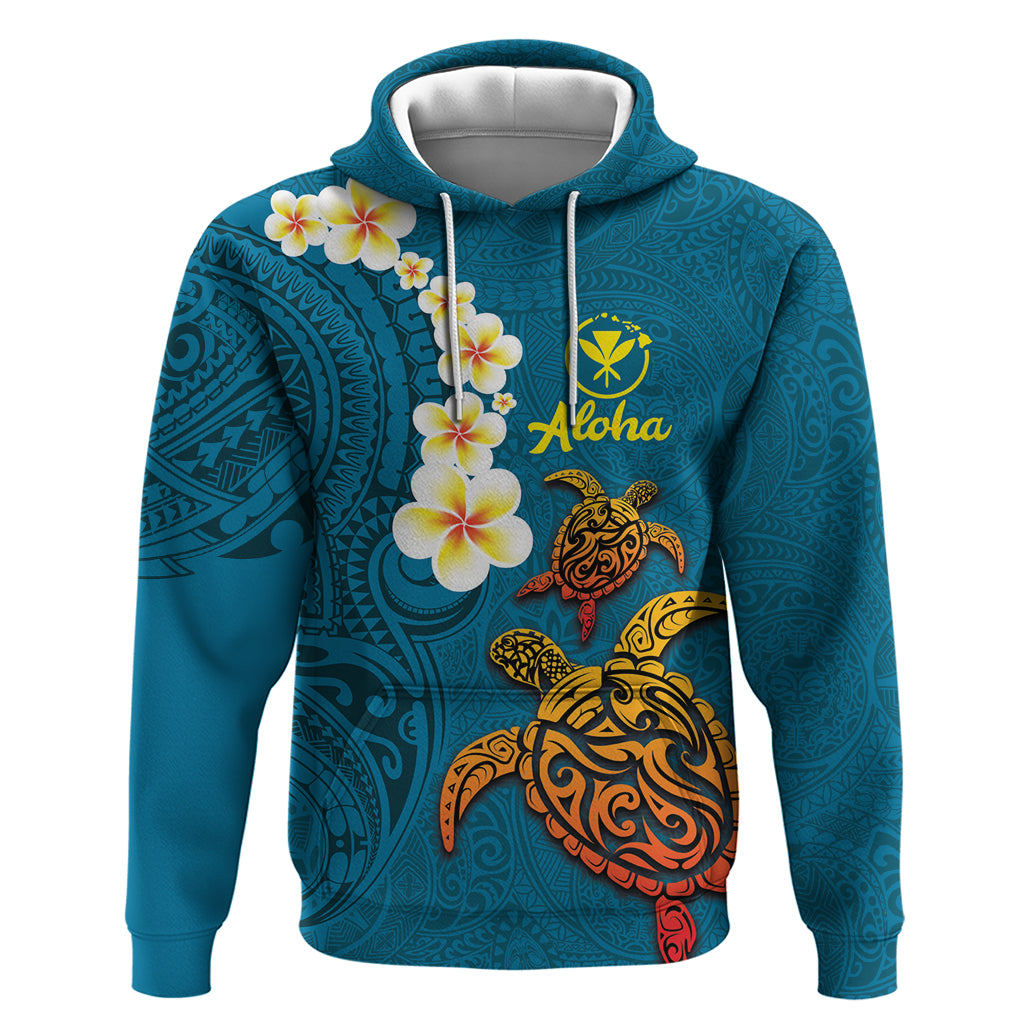 Hawaii Turtle Plumeria Flower Hoodie Polynesian Pattern Blue Color LT03 Pullover Hoodie Blue - Polynesian Pride