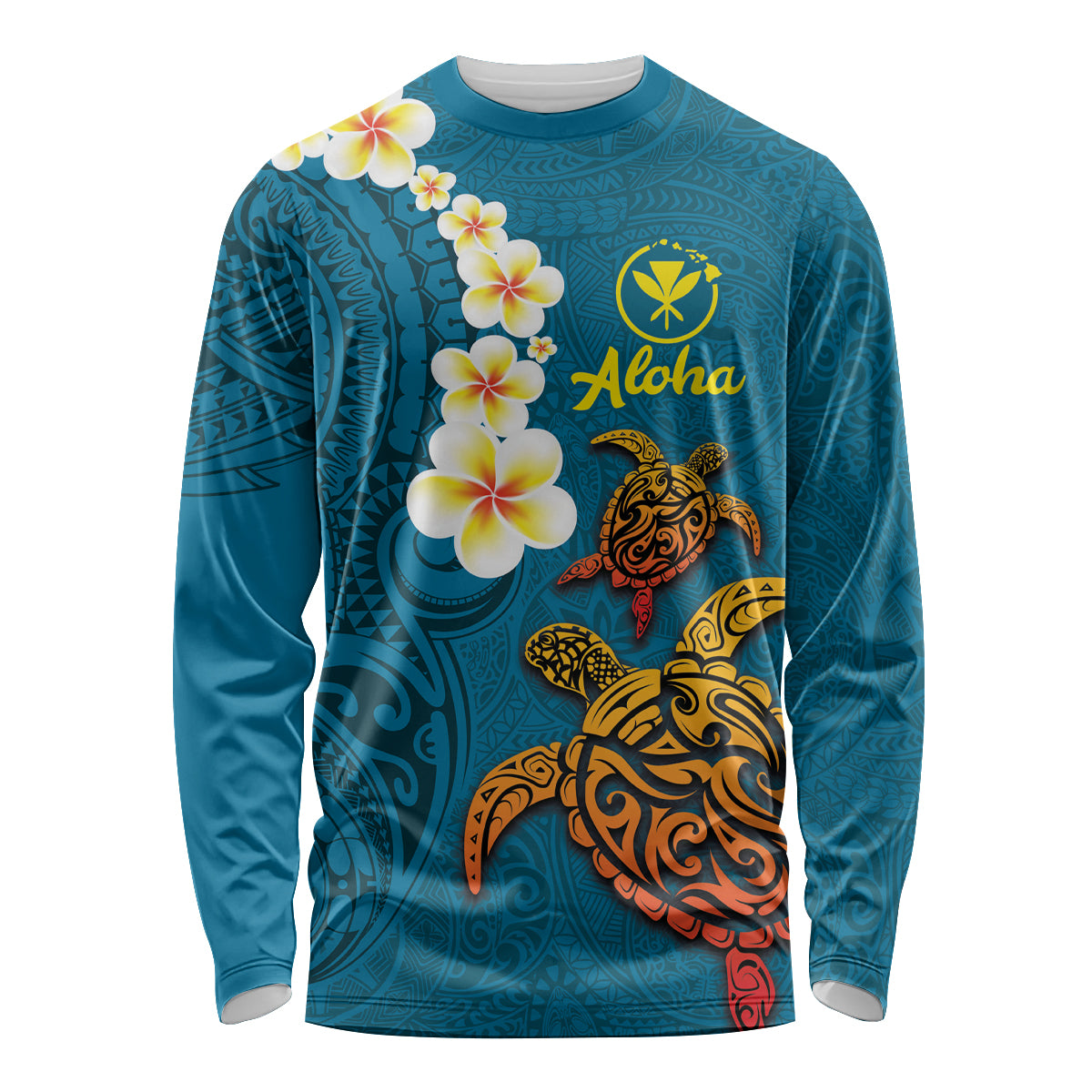 Hawaii Turtle Plumeria Flower Long Sleeve Shirt Polynesian Pattern Blue Color LT03 Unisex Blue - Polynesian Pride