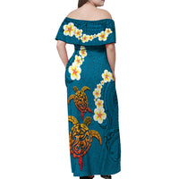 Hawaii Turtle Plumeria Flower Off Shoulder Maxi Dress Polynesian Pattern Blue Color LT03 - Polynesian Pride
