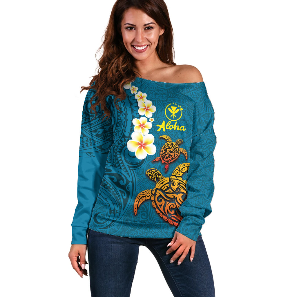 Hawaii Turtle Plumeria Flower Off Shoulder Sweater Polynesian Pattern Blue Color LT03 Women Blue - Polynesian Pride