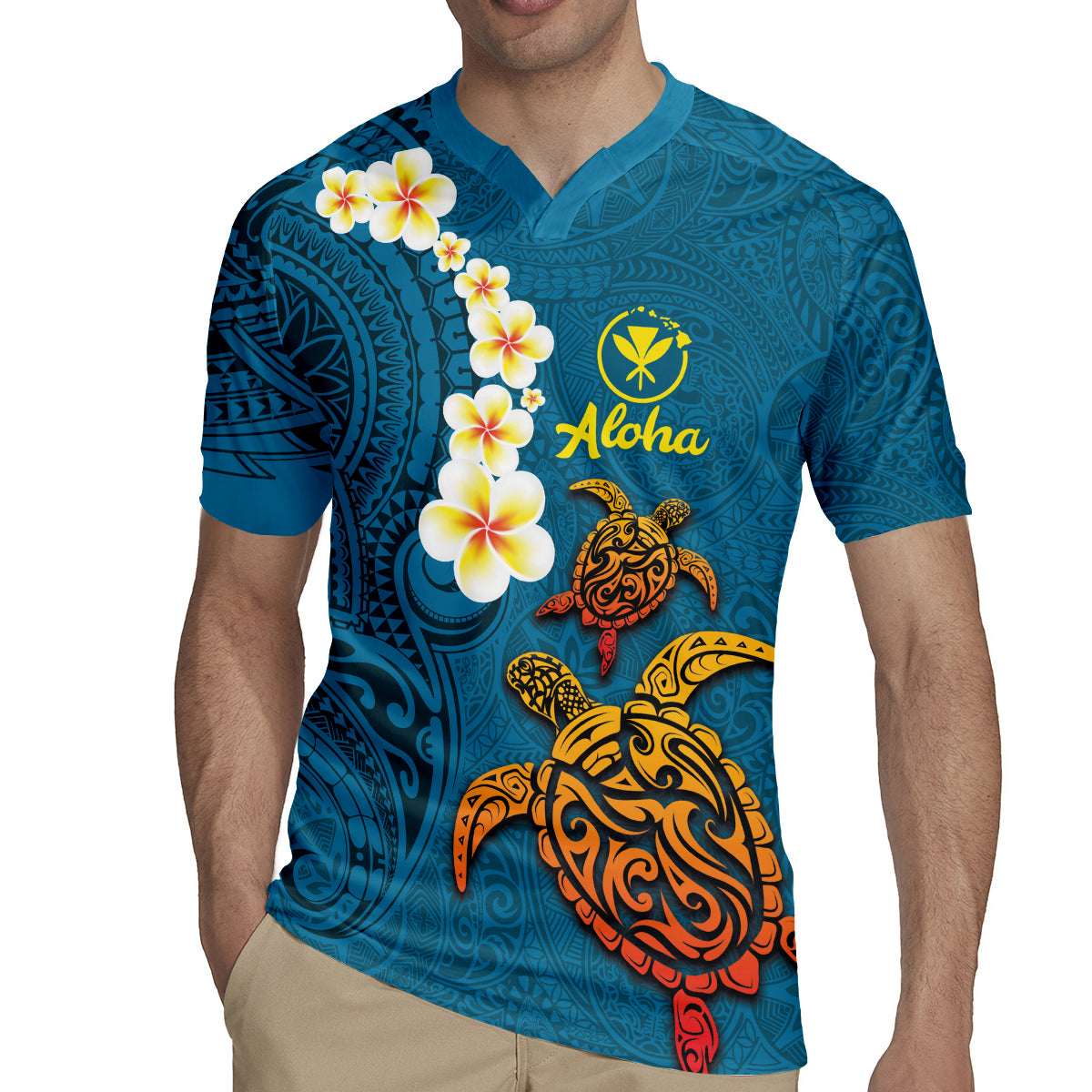 Hawaii Turtle Plumeria Flower Rugby Jersey Polynesian Pattern Blue Color LT03 - Polynesian Pride
