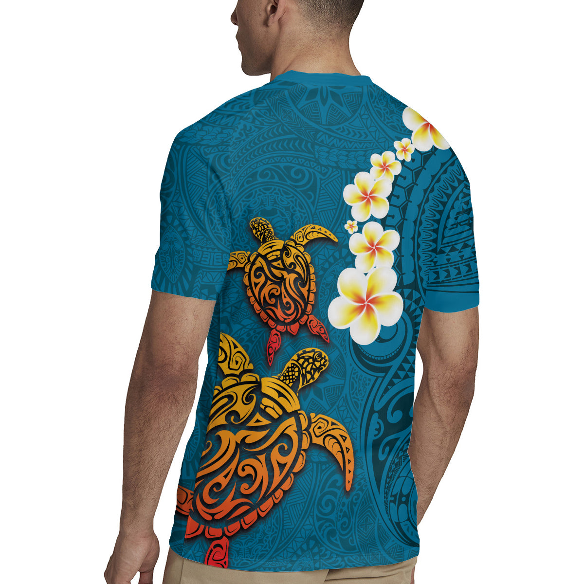 Hawaii Turtle Plumeria Flower Rugby Jersey Polynesian Pattern Blue Color LT03 - Polynesian Pride