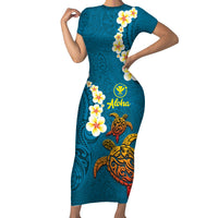 Hawaii Turtle Plumeria Flower Short Sleeve Bodycon Dress Polynesian Pattern Blue Color LT03 Long Dress Blue - Polynesian Pride