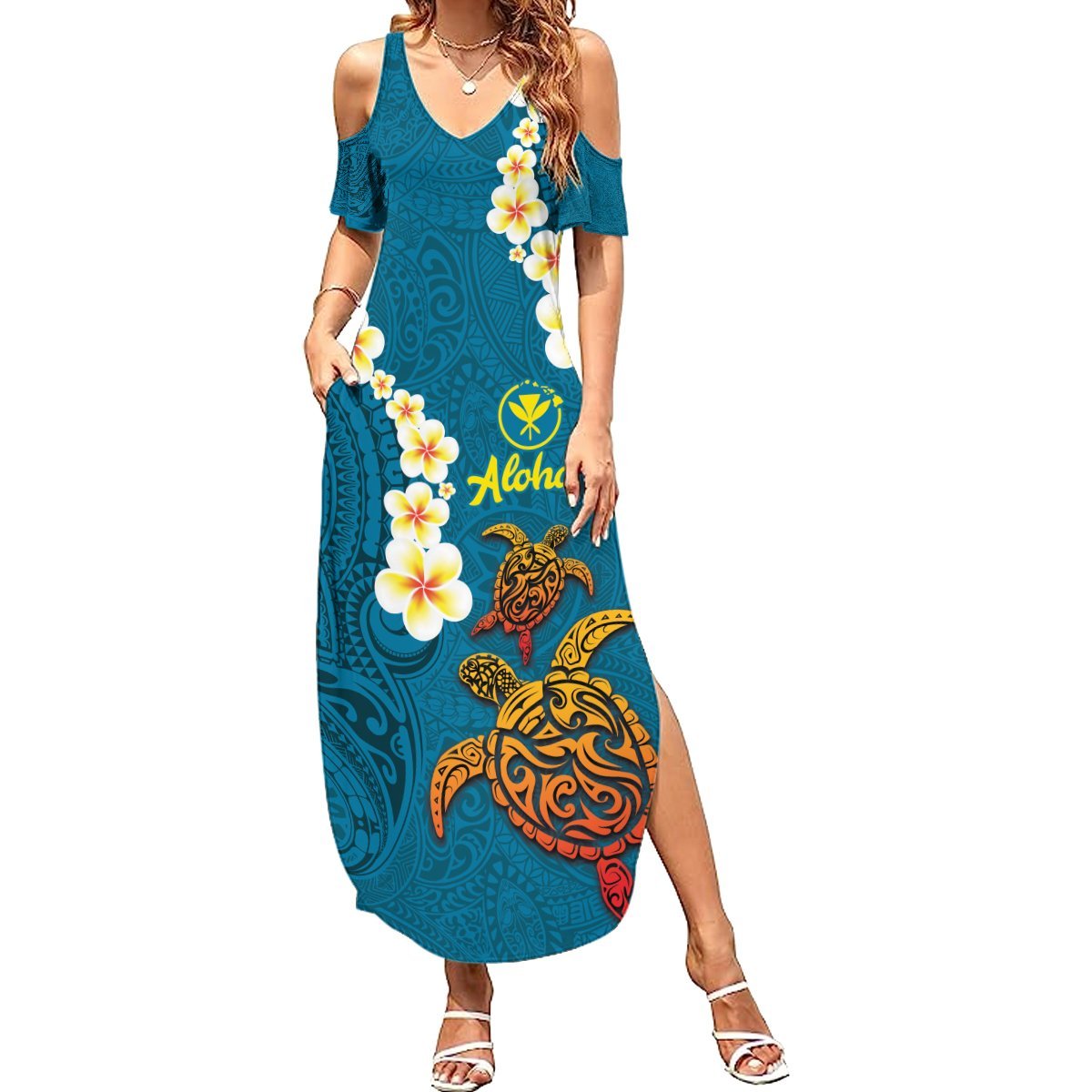 Hawaii Turtle Plumeria Flower Summer Maxi Dress Polynesian Pattern Blue Color LT03 Women Blue - Polynesian Pride