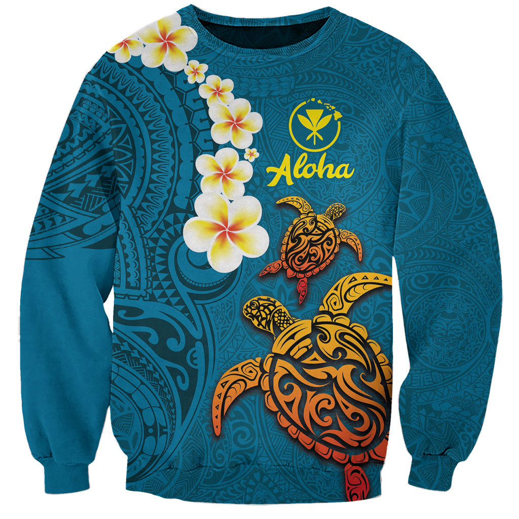 Hawaii Turtle Plumeria Flower Sweatshirt Polynesian Pattern Blue Color LT03 Unisex Blue - Polynesian Pride