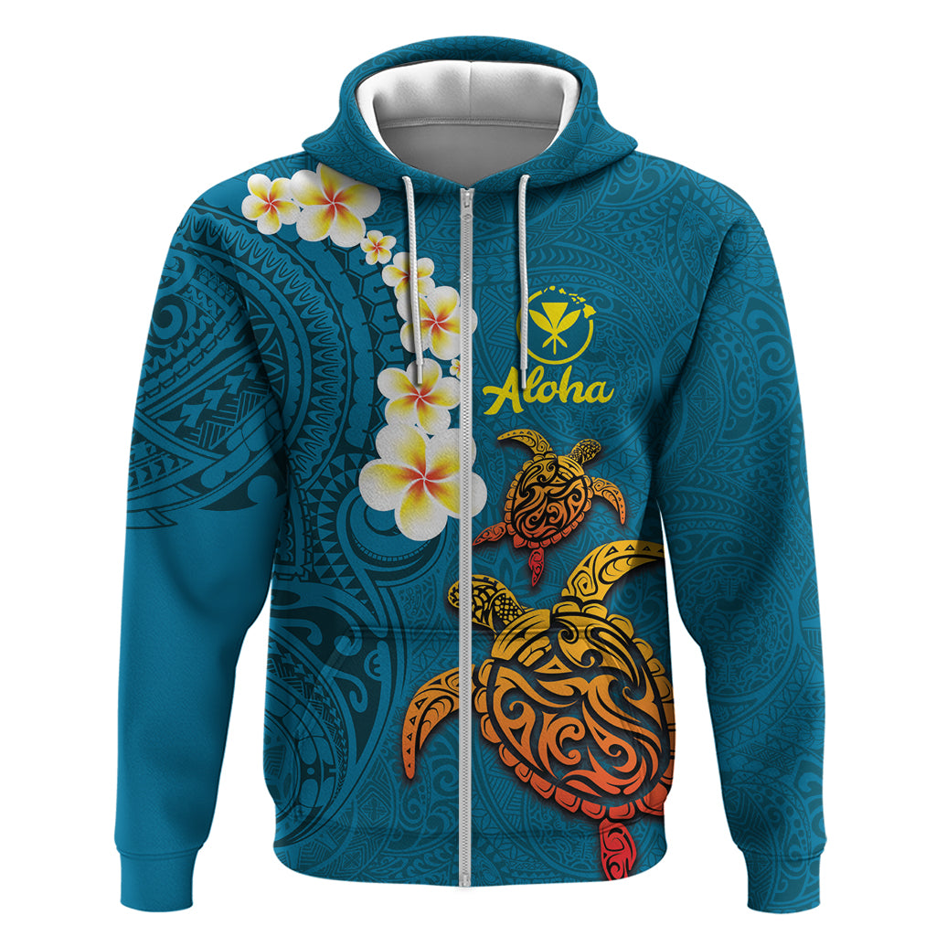 Hawaii Turtle Plumeria Flower Zip Hoodie Polynesian Pattern Blue Color LT03 Zip Hoodie Blue - Polynesian Pride