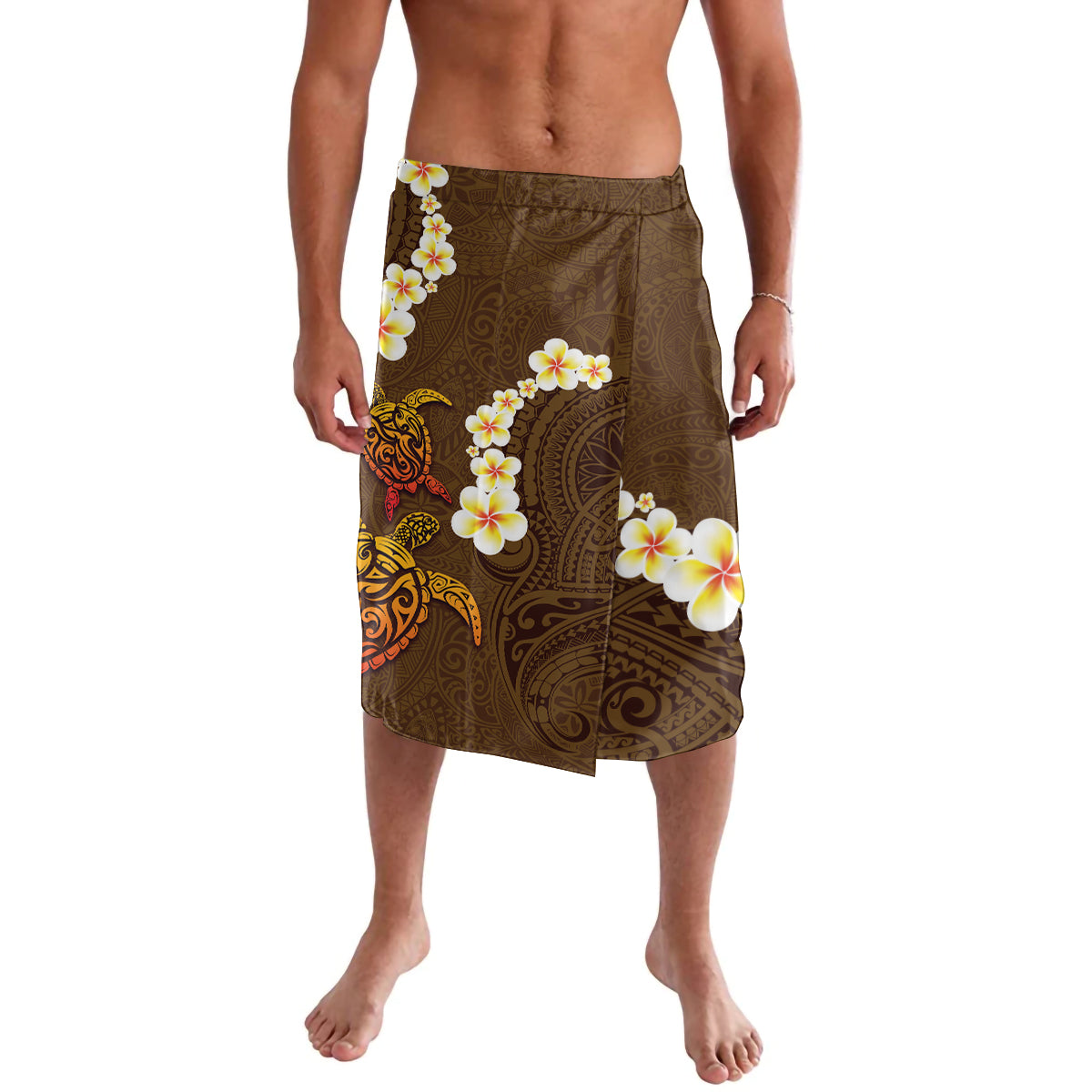 Hawaii Turtle Plumeria Flower Lavalava Polynesian Pattern Brown Color