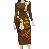 Hawaii Turtle Plumeria Flower Long Sleeve Bodycon Dress Polynesian Pattern Brown Color LT03 Long Dress Brown - Polynesian Pride