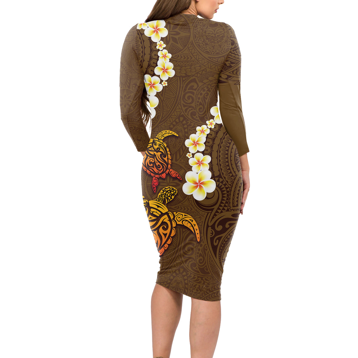 Hawaii Turtle Plumeria Flower Long Sleeve Bodycon Dress Polynesian Pattern Brown Color LT03 - Polynesian Pride