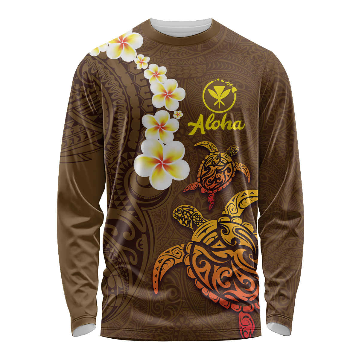 Hawaii Turtle Plumeria Flower Long Sleeve Shirt Polynesian Pattern Brown Color LT03 Unisex Brown - Polynesian Pride