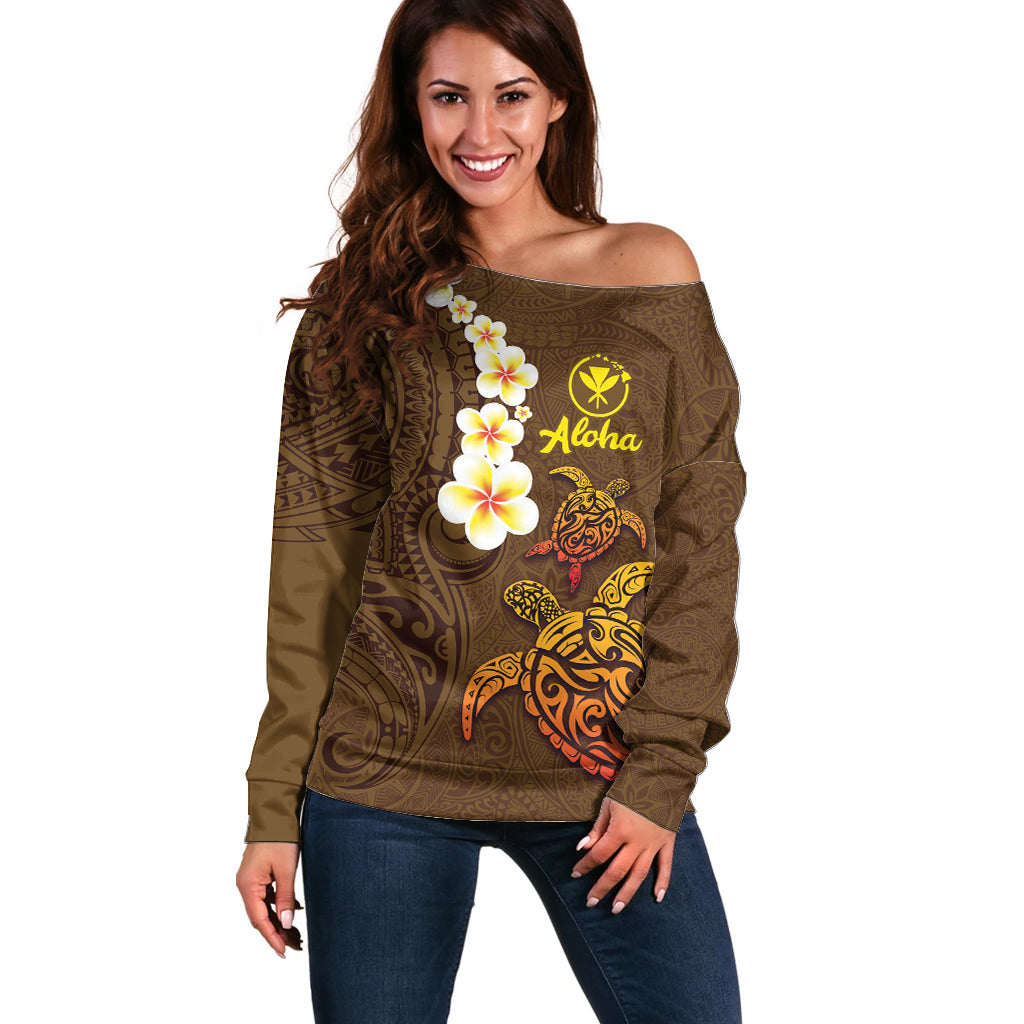 Hawaii Turtle Plumeria Flower Off Shoulder Sweater Polynesian Pattern Brown Color LT03 Women Brown - Polynesian Pride