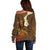 Hawaii Turtle Plumeria Flower Off Shoulder Sweater Polynesian Pattern Brown Color