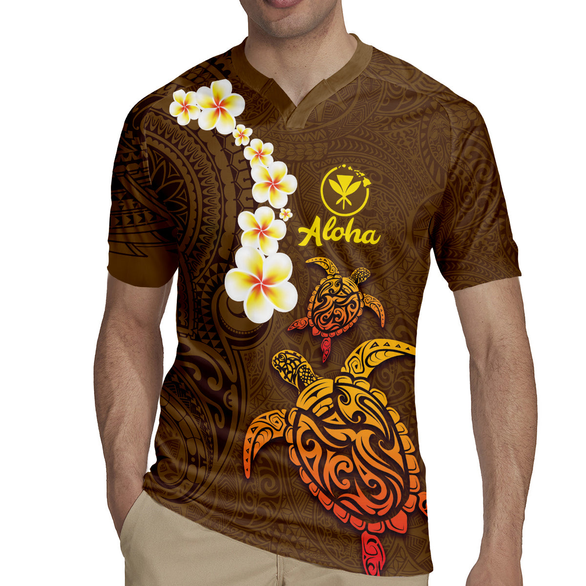 Hawaii Turtle Plumeria Flower Rugby Jersey Polynesian Pattern Brown Color LT03 - Polynesian Pride