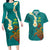 Hawaii Turtle Plumeria Flower Couples Matching Long Sleeve Bodycon Dress and Hawaiian Shirt Polynesian Pattern Turquoise Color