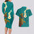 Hawaii Turtle Plumeria Flower Couples Matching Long Sleeve Bodycon Dress and Hawaiian Shirt Polynesian Pattern Turquoise Color