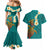 Hawaii Turtle Plumeria Flower Couples Matching Mermaid Dress and Hawaiian Shirt Polynesian Pattern Turquoise Color