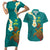 Hawaii Turtle Plumeria Flower Couples Matching Short Sleeve Bodycon Dress and Hawaiian Shirt Polynesian Pattern Turquoise Color