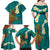 Hawaii Turtle Plumeria Flower Family Matching Off Shoulder Maxi Dress and Hawaiian Shirt Polynesian Pattern Turquoise Color