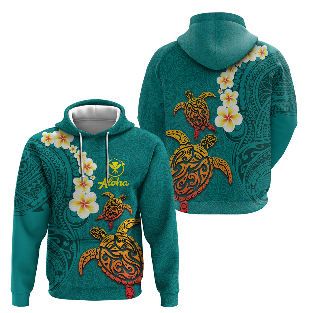 Hawaii Turtle Plumeria Flower Hoodie Polynesian Pattern Turquoise Color LT03 - Polynesian Pride