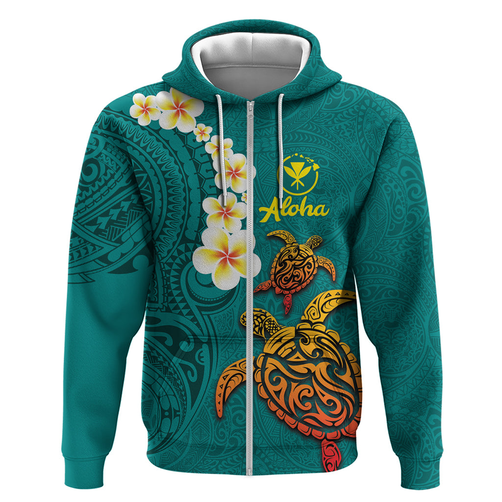 Hawaii Turtle Plumeria Flower Hoodie Polynesian Pattern Turquoise Color LT03 Zip Hoodie Turquoise - Polynesian Pride