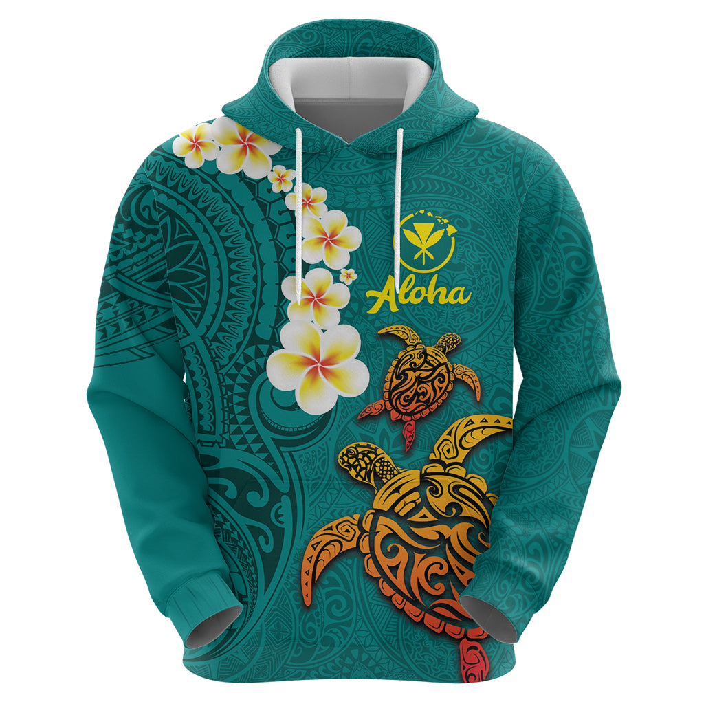 Hawaii Turtle Plumeria Flower Hoodie Polynesian Pattern Turquoise Color LT03 - Polynesian Pride