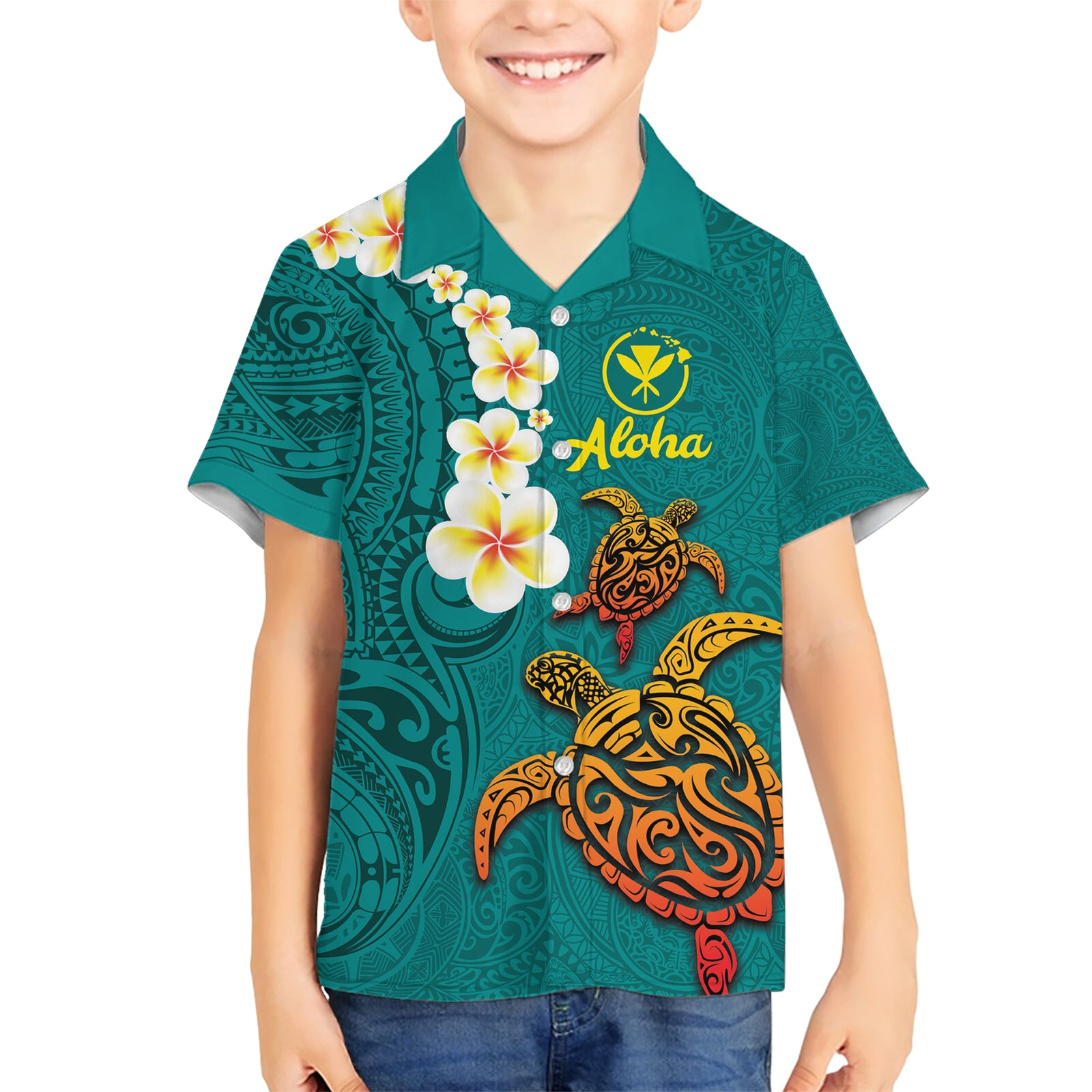 Hawaii Turtle Plumeria Flower Kid Hawaiian Shirt Polynesian Pattern Turquoise Color LT03 Kid Turquoise - Polynesian Pride