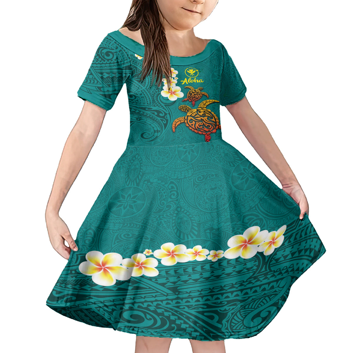Hawaii Turtle Plumeria Flower Kid Short Sleeve Dress Polynesian Pattern Turquoise Color LT03 KID Turquoise - Polynesian Pride