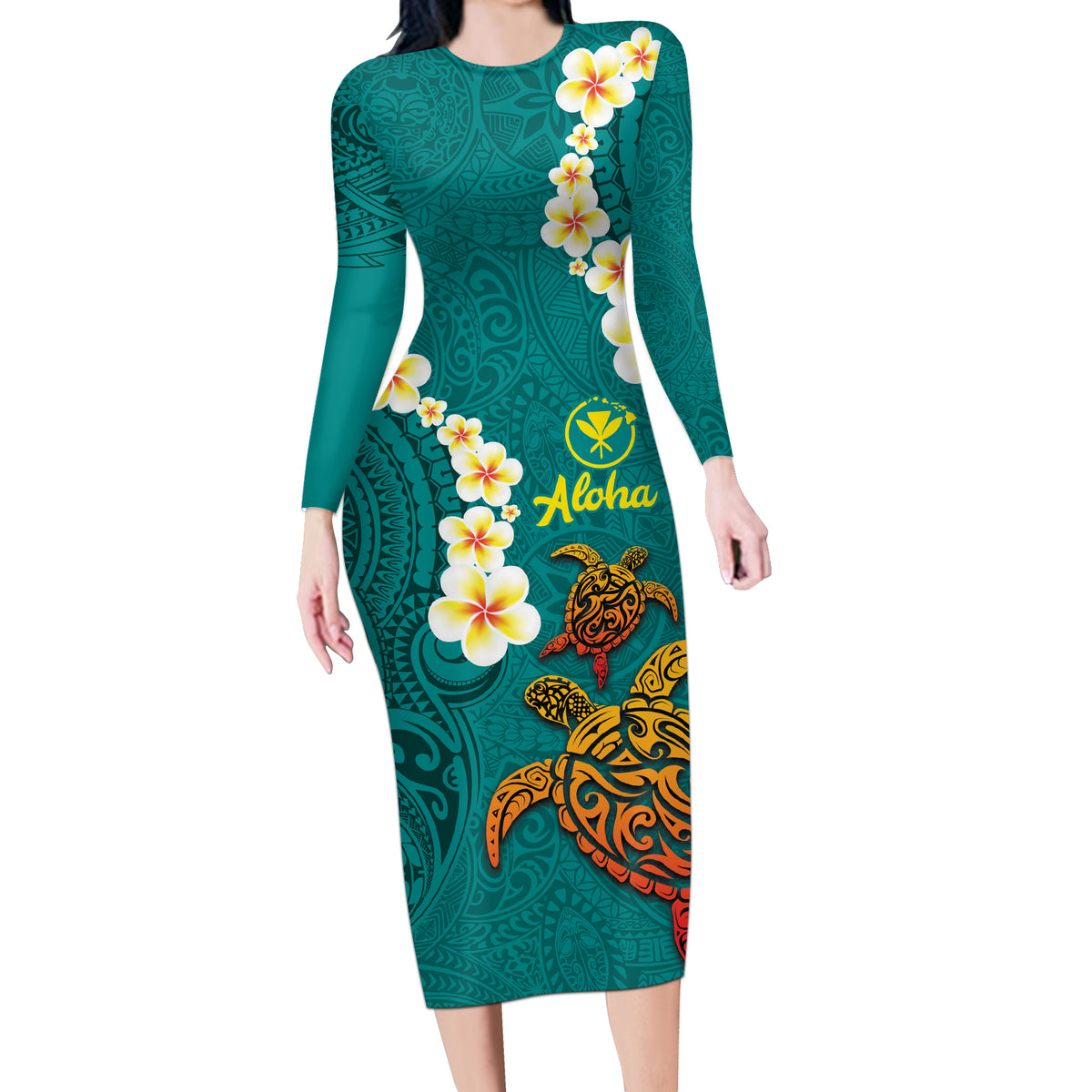 Hawaii Turtle Plumeria Flower Long Sleeve Bodycon Dress Polynesian Pattern Turquoise Color LT03 Long Dress Turquoise - Polynesian Pride