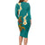 Hawaii Turtle Plumeria Flower Long Sleeve Bodycon Dress Polynesian Pattern Turquoise Color